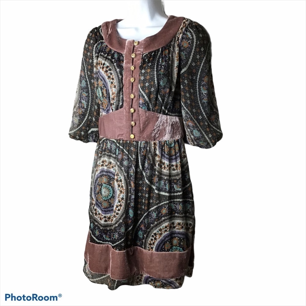 𝅺theme Anthropologie Boho Velvet Trim Paisley Print Dress